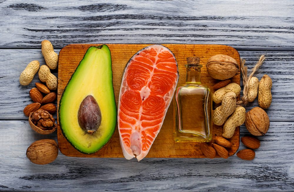 Healthy fat salmon, avocado, oil, nuts
