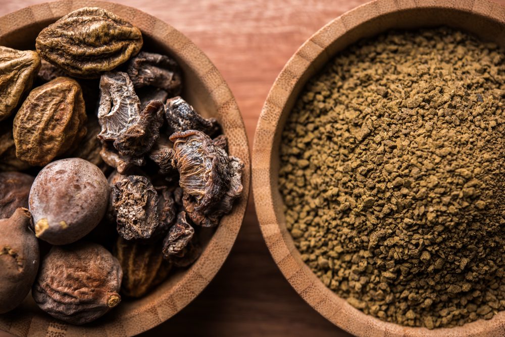 Indian ayurvedic Triphala churan or trifala powder is an ancient medicine for bowel movement or indigestion problems. Selective focus